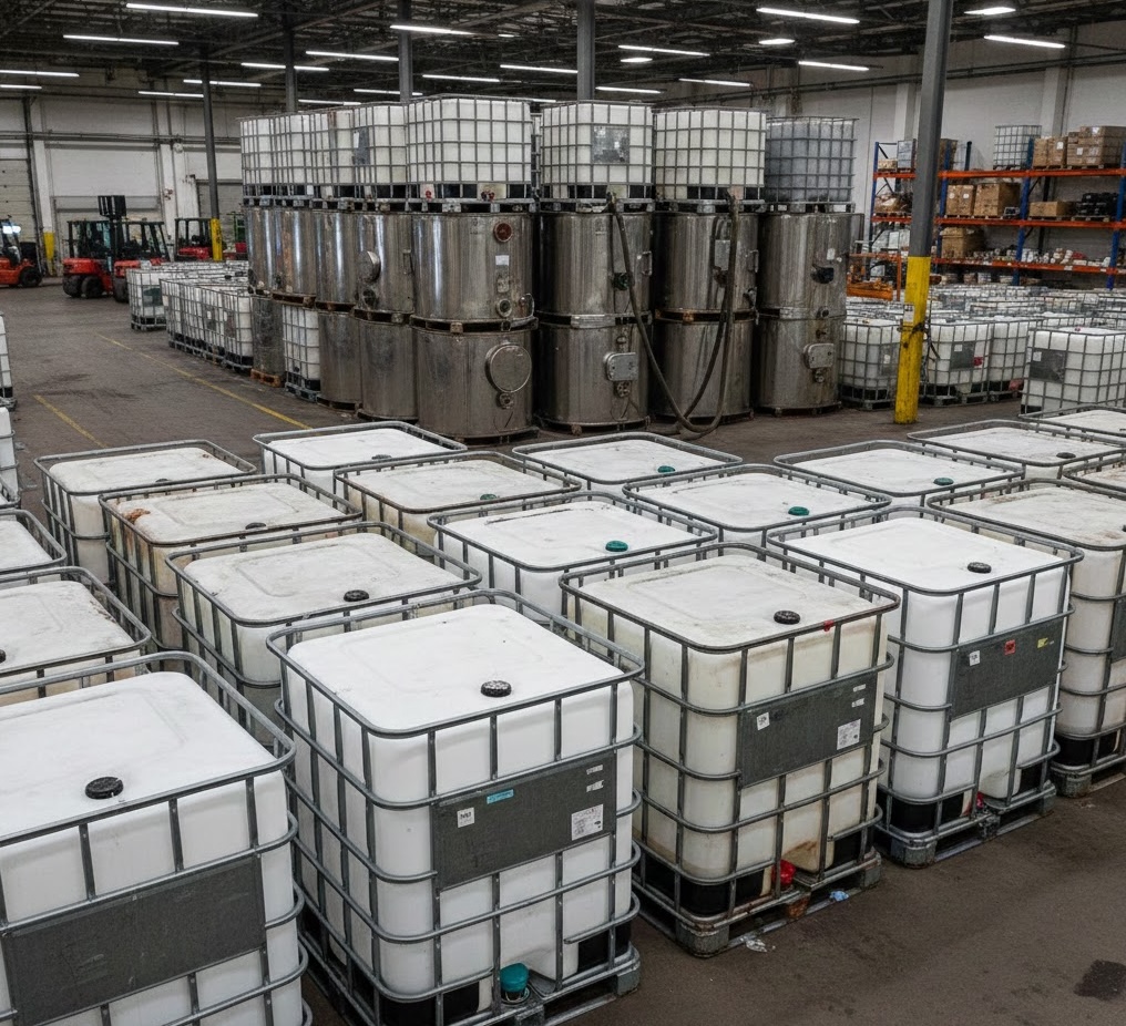 IBC warehouse with plastic and stainless steel totes