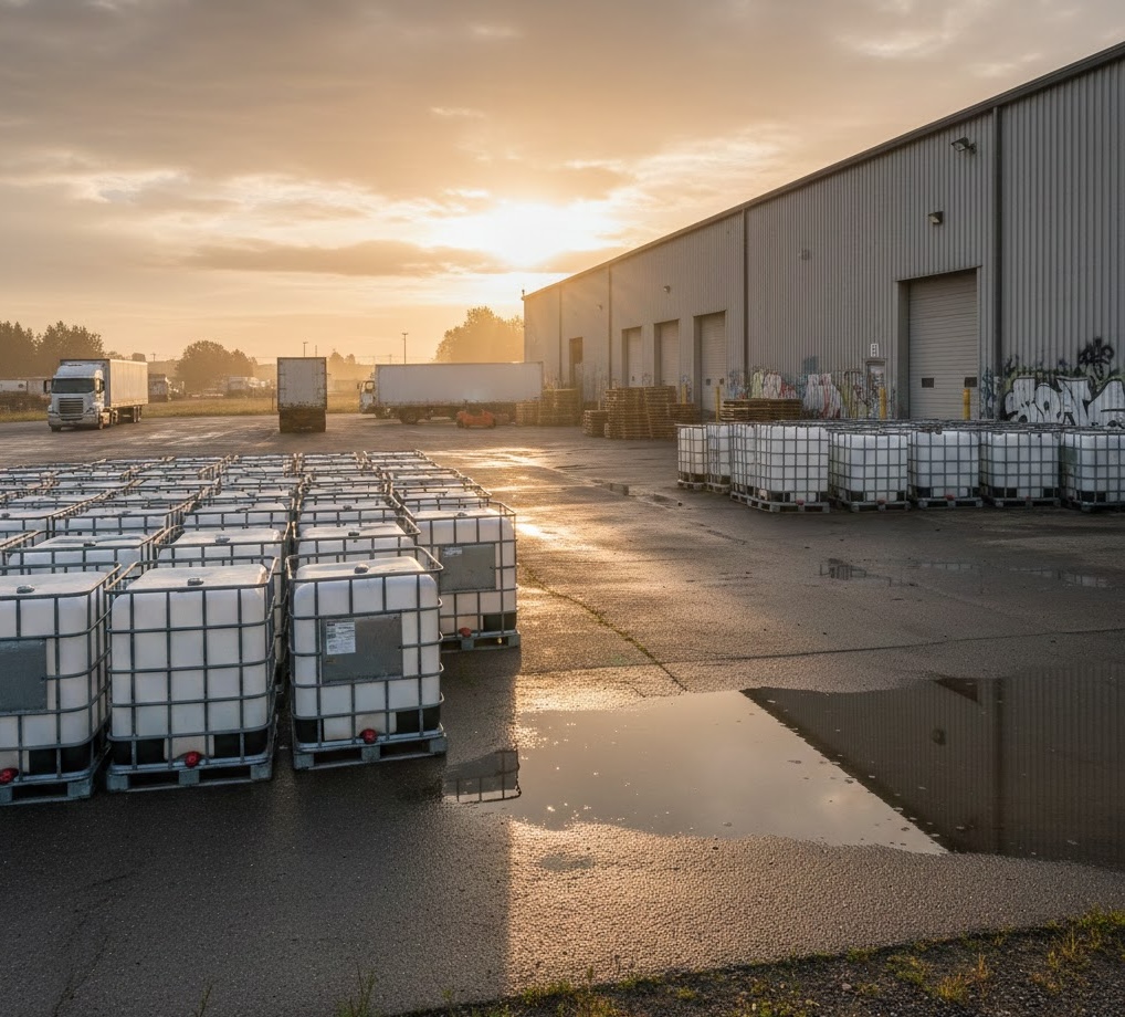 IBC depot at sunset with trucks loading