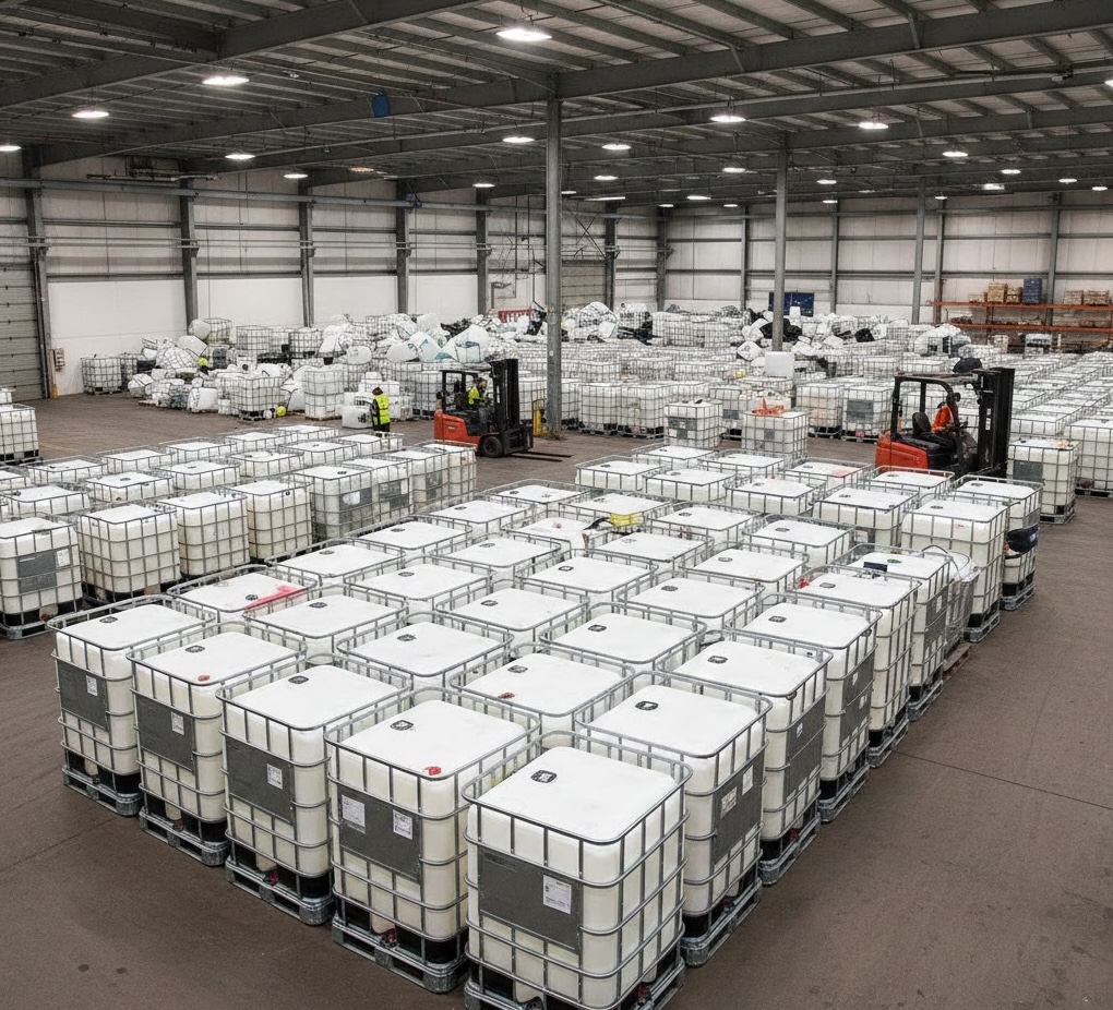 Large warehouse with organized IBC rows